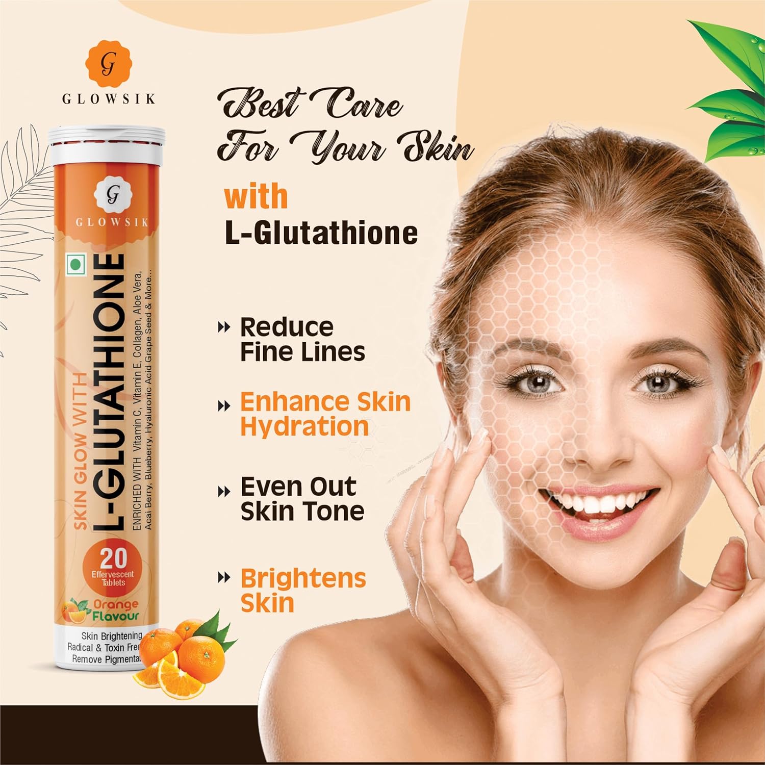 Glowsik Glutathione - 20 Effervescent Tablets for Skin, 600 Mg Glutathione Reduced With Vitamin C | Orange Flavour | Pack of 2